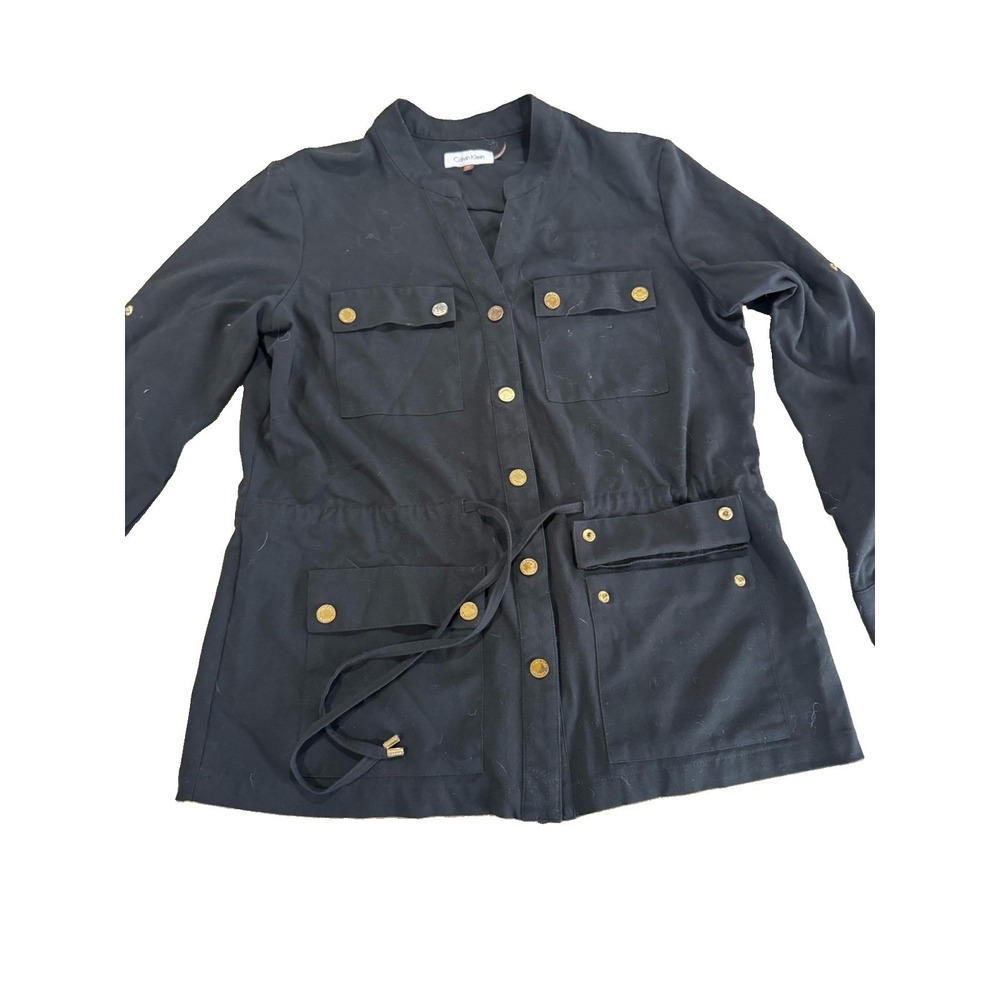 Calvin Klein Women's Black Utility Jacket Size 12 Gold Buttons Drawstring Waist